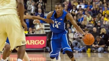 Mar 5, 2014; Winston-Salem, NC, USA; Duke Blue Devils guard Rasheed Sulaimon (14) drives the ball during the second half against the Wake Forest Demon Deacons at Lawrence Joel Veterans Memorial Coliseum. Wake defeated Duke 82-72. Mandatory Credit: Jeremy Brevard-USA TODAY Sports