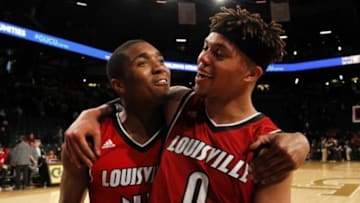 Jan 23, 2016; Atlanta, GA, USA; Louisville Cardinals guard Donovan Mitchell (45) and guard Damion Lee (0) celebrate a victory against the Georgia Tech Yellow Jackets at McCamish Pavilion. Louisville defeated Georgia Tech 75-71. Mandatory Credit: Brett Davis-USA TODAY Sports