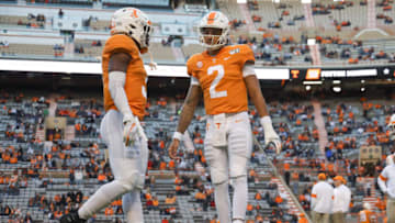 Nov 2, 2019; Knoxville, TN, USA; Tennessee Volunteers running back Eric Gray (3) and quarterback Jarrett Guarantano (2) speak before a game against the UAB Blazers at Neyland Stadium. Mandatory Credit: Randy Sartin-USA TODAY Sports