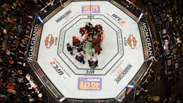 LAS VEGAS, NV - MARCH 05: An overhead view of the Octagon of Conor McGregor and Nate Diaz facing off before their welterweight bout during the UFC 196 event inside MGM Grand Garden Arena on March 5, 2016 in Las Vegas, Nevada. (Photo by Josh Hedges/Zuffa LLC/Zuffa LLC via Getty Images)