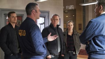 "What I Saw" Episode 715 -- Pictured: (l-r) Jesse Lee Soffer as Jay Halstead, Taylor Kinney as Kelly Severide, Jason Beghe as Hank Voight, Tracy Spiridakos as Hailey Upton, Gary Cole as Chief Grissom -- (Photo by: Parrish Lewis/NBC)