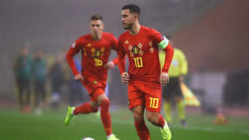 BRUSSELS, BELGIUM - NOVEMBER 15: Eden Hazard #10 and Thorgan Hazard #16 of Belgium in action during the UEFA Nations League A group two match between Belgium and Iceland at King Baudouin Stadium on November 15, 2018 in Brussels, Belgium. (Photo by Dean Mouhtaropoulos/Getty Images)