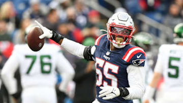 Oct 24, 2021; Foxborough, Massachusetts, USA; New England Patriots linebacker Josh Uche (55) reacts after recovering a fumble against the New York Jets during the second half at Gillette Stadium. Mandatory Credit: Brian Fluharty-USA TODAY Sports