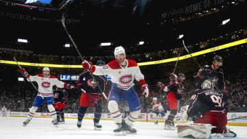 COLUMBUS, OHIO - NOVEMBER 29: Joel Armia #40 of the Montreal Canadiens celebrates during the third period against the Columbus Blue Jackets at Nationwide Arena on November 29, 2023 in Columbus, Ohio. (Photo by Jason Mowry/Getty Images)