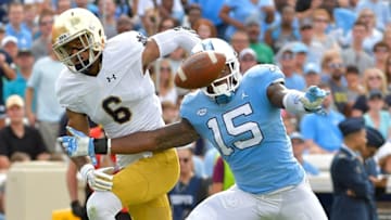 CHAPEL HILL, NC - OCTOBER 07: Donnie Miles #15 of the North Carolina Tar Heels defends a pass to Equanimeous St. Brown #6 of the Notre Dame Fighting Irishduring the game at Kenan Stadium on October 7, 2017 in Chapel Hill, North Carolina. (Photo by Grant Halverson/Getty Images)