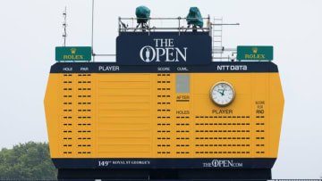 SANDWICH, ENGLAND - JULY 12: A general view of the 18th scoreboard during a practice round ahead of The 149th Open at Royal St George’s Golf Club on July 12, 2021 in Sandwich, England. (Photo by Chris Trotman/Getty Images)