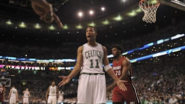 Feb 27, 2016; Boston, MA, USA; Boston Celtics guard Evan Turner (11) reacts after a non call during the second half against the Miami Heat at TD Garden. Mandatory Credit: Bob DeChiara-USA TODAY Sports