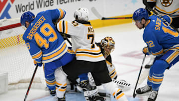ST. LOUIS, MO- FEBRUARY 23: St. Louis Blues center Ivan Barbashev (49) tries to force in a shot on goal during a NHL game between the Boston Bruins and the St. Louis Blues on February 23, 2019, at Enterprise Center, St. Louis, MO. (Photo by Keith Gillett/Icon Sportswire via Getty Images)