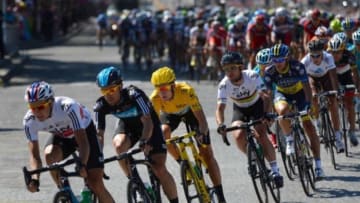 July 22, 2012; Paris, FRANCE; Bradley Wiggins (GBR), in yellow, and Mark Cavendish (GBR) during stage twenty of the 2012 Tour de France in Paris. Mandatory Credit: Jerome Prevost/Presse Sports via USA TODAY Sports