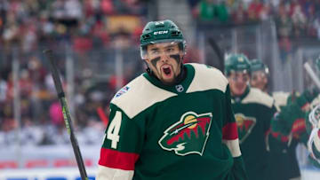 Feb 21, 2016; Minneapolis, MN, USA; Minnesota Wild defenseman Matt Dumba (24) celebrates his goal in the first period against the Chicago Blackhawks during a Stadium Series hockey game at TCF Bank Stadium. Mandatory Credit: Brace Hemmelgarn-USA TODAY Sports