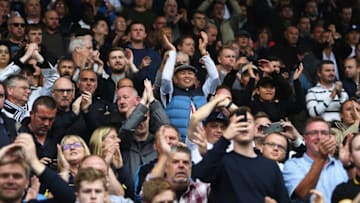 HUDDERSFIELD, ENGLAND - SEPTEMBER 30: Tottenham Hotspur fans celebrate during the Premier League match between Huddersfield Town and Tottenham Hotspur at John Smith's Stadium on September 30, 2017 in Huddersfield, England. (Photo by Michael Regan/Getty Images)
