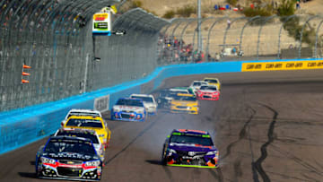 AVONDALE, AZ - NOVEMBER 12: Denny Hamlin, driver of the #11 FedEx Ground Toyota, drives after a tire issue during the Monster Energy NASCAR Cup Series Can-Am 500 at Phoenix International Raceway on November 12, 2017 in Avondale, Arizona. (Photo by Robert Laberge/Getty Images)