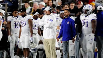 CHESTNUT HILL, MA - SEPTEMBER 13: Kansas Jayhawks head coach Les Miles watches from the sidelines during a game between the Boston College Eagles and the Kansas University Jayhawks on September 13, 2019, at Alumni Stadium in Chestnut Hill, Massachusetts. (Photo by Fred Kfoury III/Icon Sportswire via Getty Images)