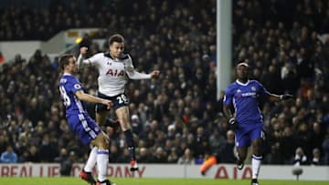 LONDON, ENGLAND - JANUARY 04: Dele Alli of Tottenham Hotspur scores his sides first goal with a header during the Premier League match between Tottenham Hotspur and Chelsea at White Hart Lane on January 4, 2017 in London, England. (Photo by Julian Finney/Getty Images)