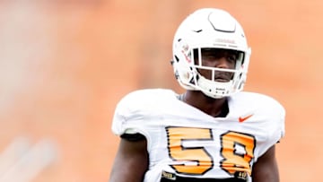 Tennessee offensive lineman Jahmir Johnson (58) walks down the field during Tennessee football practice at Haslam Field in Knoxville, Tennessee on Wednesday, August 15, 2018.Kns Volspractice081618