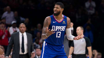 PHILADELPHIA, PA - FEBRUARY 11: Paul George #13 of the Los Angeles Clippers reacts against the Philadelphia 76ers at the Wells Fargo Center on February 11, 2020 in Philadelphia, Pennsylvania. The 76ers defeated the Clippers 110-103. NOTE TO USER: User expressly acknowledges and agrees that, by downloading and/or using this photograph, user is consenting to the terms and conditions of the Getty Images License Agreement. (Photo by Mitchell Leff/Getty Images)