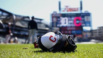 Apr 23, 2016; Detroit, MI, USA; A view of an official Cleveland Indians batting practice hat in the grass before a game against the Detroit Tigers at Comerica Park. Mandatory Credit: Aaron Doster-USA TODAY Sports