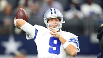 Nov 20, 2016; Arlington, TX, USA; Dallas Cowboys quarterback Tony Romo (9) throws the ball prior to the game against the Baltimore Ravens at AT&T Stadium. Mandatory Credit: Matthew Emmons-USA TODAY Sports