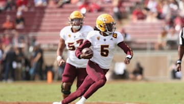 Arizona State Sun Devils quarterback Emory Jones runs during game against Stanford Cardinal. Getty Images.