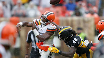 CLEVELAND, OH - SEPTEMBER 09: Bud Dupree #48 of the Pittsburgh Steelers breaks up a pass by Tyrod Taylor #5 of the Cleveland Browns during the second quarter at FirstEnergy Stadium on September 9, 2018 in Cleveland, Ohio. (Photo by Joe Robbins/Getty Images)