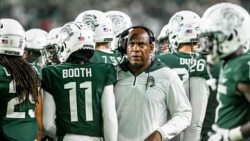 Michigan State's head coach Mel Tucker looks on during a break in action against Western Kentucky during the first quarter on Saturday, Oct. 2, 2021, at Spartan Stadium in East Lansing.211002 Msu Wku Fb 085a