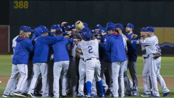 Sep 23, 2016; Oakland, CA, USA; The Texas Rangers celebrate after the end of the game against the Oakland Athletics at Oakland Coliseum the Texas Rangers defeated the Oakland Athletics 3 to 0. Mandatory Credit: Neville E. Guard-USA TODAY Sports