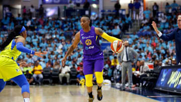 ARLINGTON, TX - JULY 9: Riquna Williams #2 of the Los Angeles Sparks handles the ball against the Dallas Wings on July 9, 2019 at the College Park Arena in Arlington, Texas. NOTE TO USER: User expressly acknowledges and agrees that, by downloading and or using this photograph, User is consenting to the terms and conditions of the Getty Images License Agreement. Mandatory Copyright Notice: Copyright 2019 NBAE (Photo by Tim Heitman /NBAE via Getty Images)