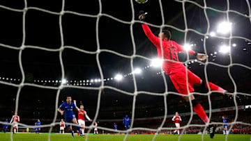 LONDON, ENGLAND - JANUARY 24: David Ospina of Arsenal attempts to save as Pedro of Chelsea scoeres a goal which is later dissalowed due to VAR during the Carabao Cup Semi-Final Second Leg at Emirates Stadium on January 24, 2018 in London, England. (Photo by Julian Finney/Getty Images)