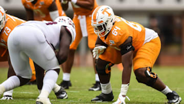 Oct 12, 2019; Knoxville, TN, USA; Tennessee Volunteers offensive lineman Wanya Morris (64) and the line of scrimmage in front of Mississippi State Bulldogs defensive end Fletcher Adams (43) during the second half at Neyland Stadium. Mandatory Credit: Bryan Lynn-USA TODAY Sports