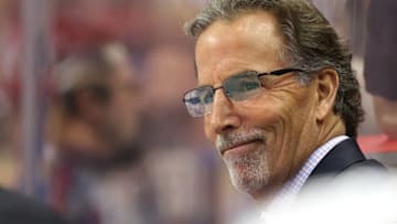 Dec 2, 2017; Washington, DC, USA; Columbus Blue Jackets head coach John Tortorella looks on from behind the bench against the Washington Capitals in the second period at Capital One Arena. The Capitals won 4-3. Mandatory Credit: Geoff Burke-USA TODAY Sports