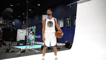SAN FRANCISCO, CALIFORNIA - SEPTEMBER 30: Klay Thompson #11 of the Golden State Warriors poses for a picture during the Golden State Warriors media day at Chase Center on September 30, 2019 in San Francisco, California. NOTE TO USER: User expressly acknowledges and agrees that, by downloading and or using this photograph, User is consenting to the terms and conditions of the Getty Images License Agreement. (Photo by Ezra Shaw/Getty Images)