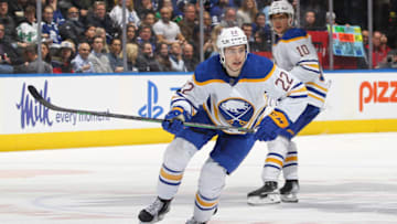 TORONTO, CANADA - MARCH 13: Jack Quinn #22 of the Buffalo Sabres skates against the Toronto Maple Leafs during an NHL game at Scotiabank Arena on March 13, 2023 in Toronto, Ontario, Canada. The Sabres defeated the Maple Leafs 4-3. (Photo by Claus Andersen/Getty Images)
