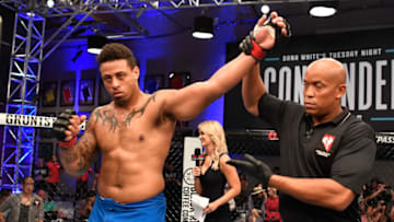 LAS VEGAS, NV - JUNE 12: Greg Hardy celebrates after knocking out Austen Lane in their heavyweight bout during Dana White's Tuesday Night Contender Series at the TUF Gym on June 12, 2018 in Las Vegas, Nevada. (Photo by Jeff Bottari/DWTNCS LLC)
