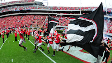 ATHENS, GA - OCTOBER 15: Members of the Georgia Bulldogs take the field before the game against the Vanderbilt Commodores at Sanford Stadium on October 15, 2016 in Athens, Georgia. (Photo by Scott Cunningham/Getty Images)
