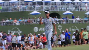DALLAS, TX - MAY 19: Kevin Na acknowledges the gallery following a birdie putt on the 16th green during the third round of the AT&T Byron Nelson at Trinity Forest Golf Club on May 19, 2018 in Dallas, Texas. (Photo by Tom Pennington/Getty Images)
