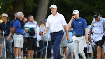 VIRGINIA WATER, ENGLAND - SEPTEMBER 19: Ernie Els of South Africa and Russell Knox of Scotland walk to the 18th hole during Day One of the BMW PGA Championship at Wentworth Golf Club on September 19, 2019 in Virginia Water, United Kingdom. (Photo by Ross Kinnaird/Getty Images)