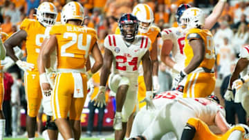 Mississippi running back Snoop Conner (24) celebrates a touchdown during a football game between Tennessee and Ole Miss at Neyland Stadium in Knoxville, Tenn. on Saturday, Oct. 16, 2021.Kns Tennessee Ole Miss Football Bp