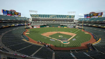 Apr 6, 2015; Oakland, CA, USA; General view before the game between the Oakland Athletics and the Texas Rangers at O.co Coliseum. Mandatory Credit: Kelley L Cox-USA TODAY Sports