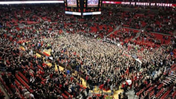 Feb 17, 2016; Lubbock, TX, USA; The Texas Tech Red Raiders student body storms the court after the Red Raiders defeated the Oklahoma Sooners at United Supermarkets Arena. Texas Tech defeated Oklahoma 65-63. Mandatory Credit: Michael C. Johnson-USA TODAY Sports