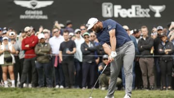 PACIFIC PALISADES, CALIFORNIA - FEBRUARY 18: Jon Rahm of Spain plays his shot from the tenth tee during the third round of the The Genesis Invitational at Riviera Country Club on February 18, 2023 in Pacific Palisades, California. (Photo by Cliff Hawkins/Getty Images)