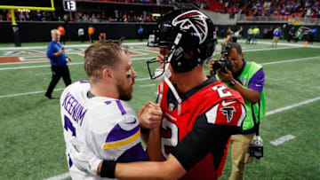 ATLANTA, GA - DECEMBER 03: Case Keenum #7 of the Minnesota Vikings shakes hands with Matt Ryan #2 of the Atlanta Falcons after the game at Mercedes-Benz Stadium on December 3, 2017 in Atlanta, Georgia. (Photo by Kevin C. Cox/Getty Images)