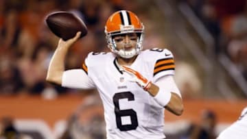 Aug 23, 2014; Cleveland, OH, USA; Cleveland Browns quarterback Brian Hoyer (6) looks to throw a pass in the first quarter against the St. Louis Rams at FirstEnergy Stadium. Mandatory Credit: Rick Osentoski-USA TODAY Sports