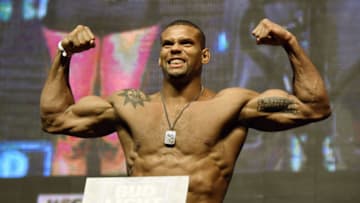 LAS VEGAS, NV - JULY 08: Mixed martial artist Thiago Santos poses on the scale during his weigh-in for UFC 200 at T-Mobile Arena on July 8, 2016 in Las Vegas, Nevada. Santos will meet Gregard Mousasi in a middleweight bout on July 9 at T-Mobile Arena. (Photo by Ethan Miller/Getty Images)