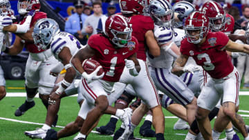 Dec 31, 2022; New Orleans, LA, USA; Alabama Crimson Tide running back Jahmyr Gibbs (1) runs the ball against the Kansas State Wildcats during the first half in the 2022 Sugar Bowl at Caesars Superdome. Mandatory Credit: Stephen Lew-USA TODAY Sports