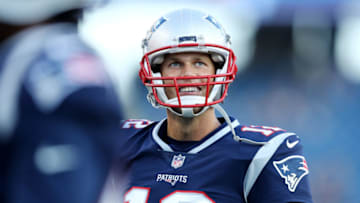 FOXBOROUGH, MA - AUGUST 9 : Tom Brady #12 of the New England Patriots looks on before the preseason game between the New England Patriots and the Washington Redskins at Gillette Stadium on August 9, 2018 in Foxborough, Massachusetts. (Photo by Maddie Meyer/Getty Images)