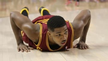 Feb 21, 2014; Toronto, Ontario, CAN; Cleveland Cavaliers forward Tristan Thompson (13) on the floor after falling against the Toronto Raptors at Air Canada Centre. The Raptors beat the Cavaliers 98-91. Mandatory Credit: Tom Szczerbowski-USA TODAY Sports