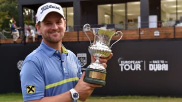 ROME, ITALY - OCTOBER 13: Bernd Wiesberger of Austria poses with the winner trophy at the end of the Round 4 at Olgiata Golf Club on October 13, 2019 in Rome, Italy. (Photo by Tullio M. Puglia/Getty Images)