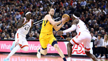 Joe Ingles, Utah Jazz. Pascal Siakam, Terence Davis II, Toronto Raptors. (Photo by Vaughn Ridley/Getty Images)