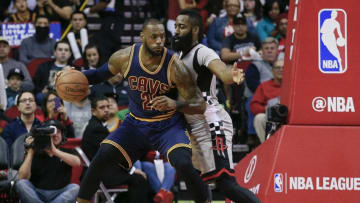 HOUSTON, TX - MARCH 12: LeBron James #23 of the Cleveland Cavaliers is defended by James Harden #13 of the Houston Rockets during the first quarter against the Houston Rockets at Toyota Center on March 12, 2017 in Houston, Texas. NOTE TO USER: User expressly acknowledges and agrees that, by downloading and/or using this photograph, user is consenting to the terms and conditions of the Getty Images License Agreement. (Photo by Bob Levey/Getty Images)