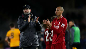 WOLVERHAMPTON, ENGLAND - JANUARY 07: Jurgen Klopp manager of Liverpool and Fabinho of Liverpool applaud after the Emirates FA Cup Third Round match between Wolverhampton Wanderers and Liverpool at Molineux on January 7, 2019 in Wolverhampton, United Kingdom. (Photo by Catherine Ivill/Getty Images)